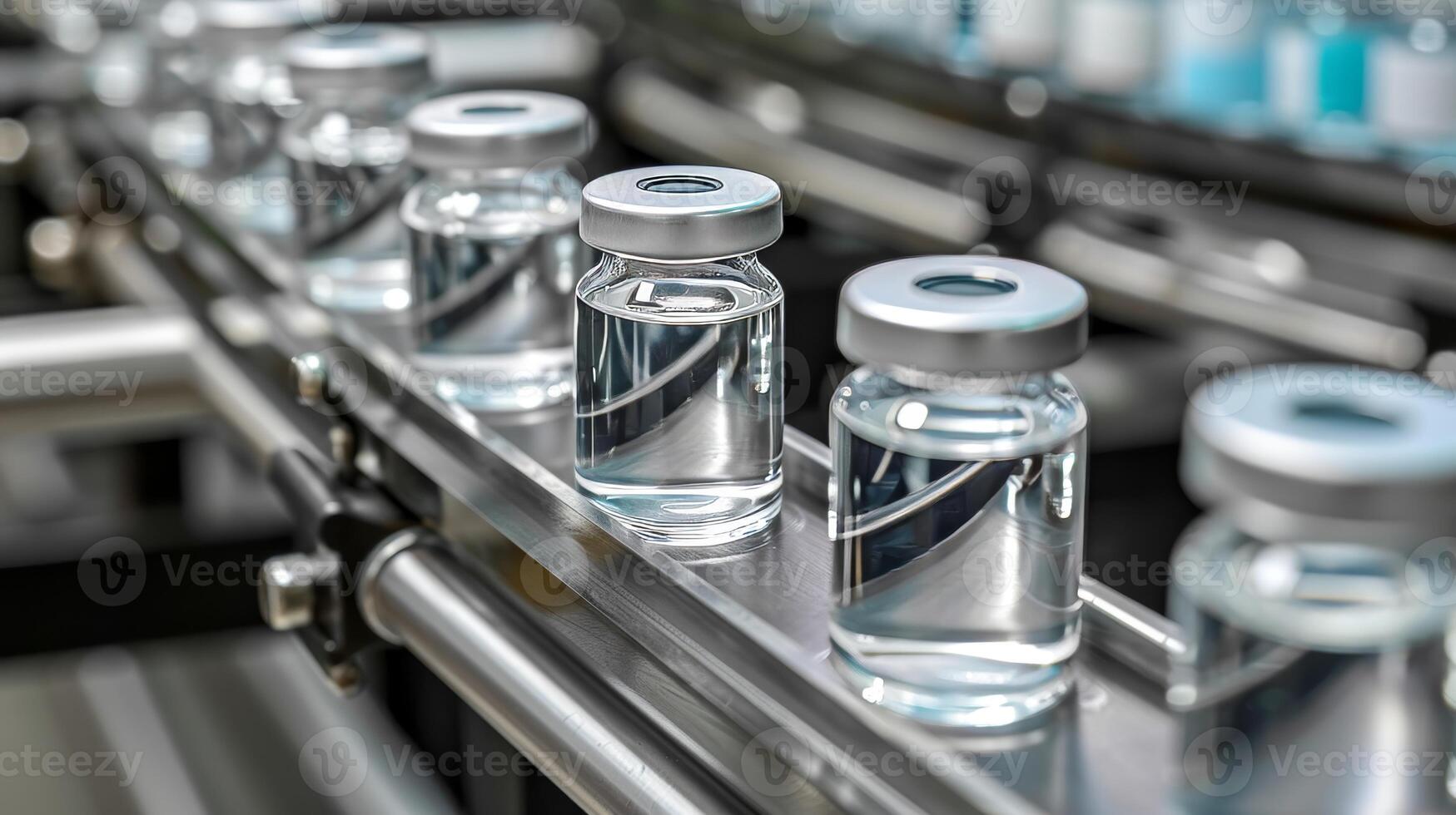 AI generated Pharmaceutical manufacturing background with glass bottles on automated conveyor in factory photo