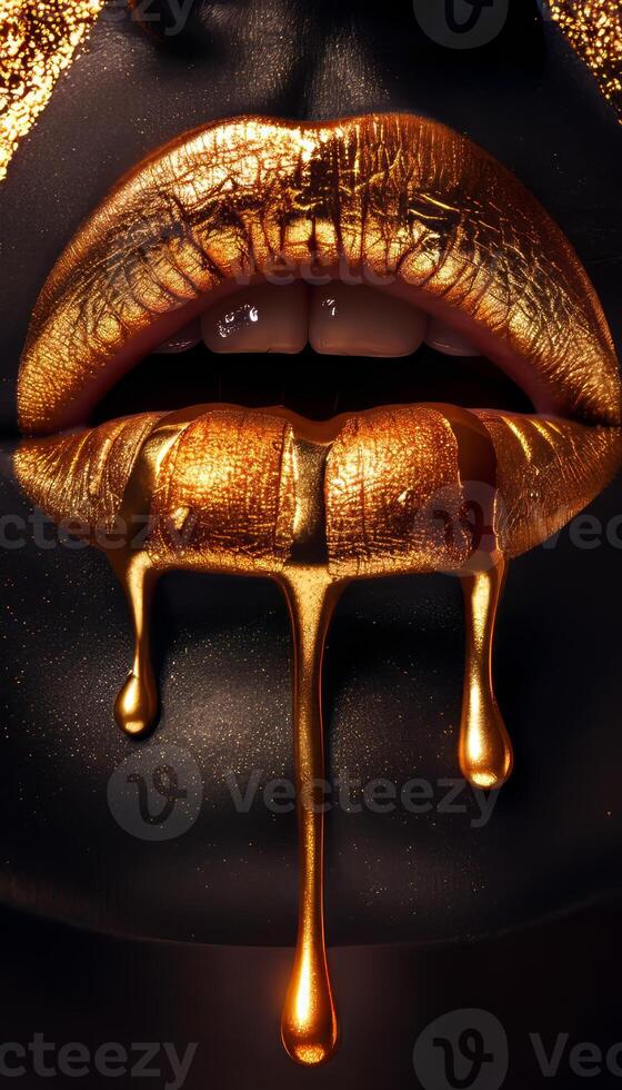 AI generated Golden makeup drips on model s face and nails with lip gloss, metallic skin, and copy space photo