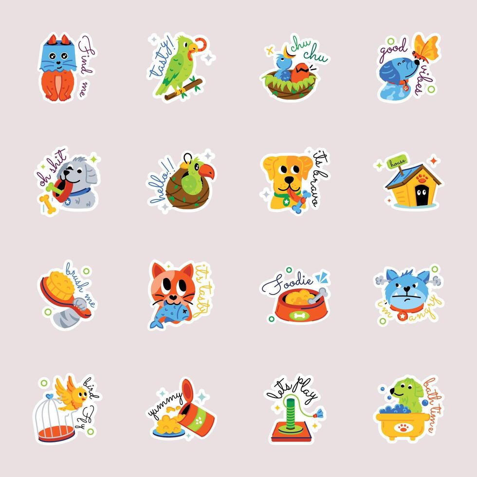 Cute Pets and Accessories Flat Stickers vector