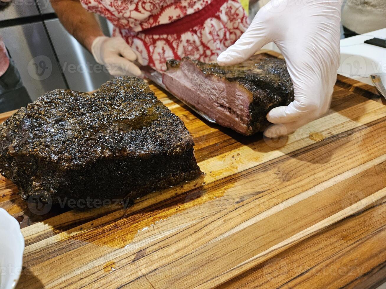 Smoked and seasoned beef brisket and wagyu meat sliced and served on a cutting board in Kirkland Washington photo