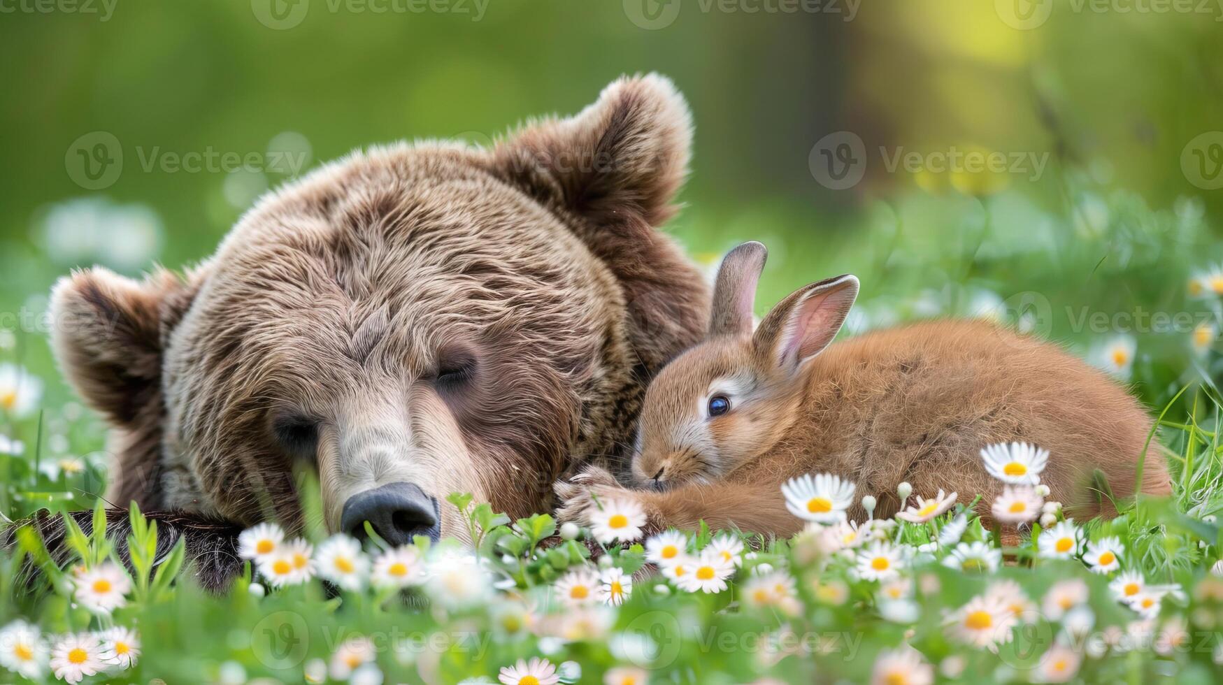 AI generated Peaceful coexistence grizzly bear and rabbit resting in meadow at sunset for