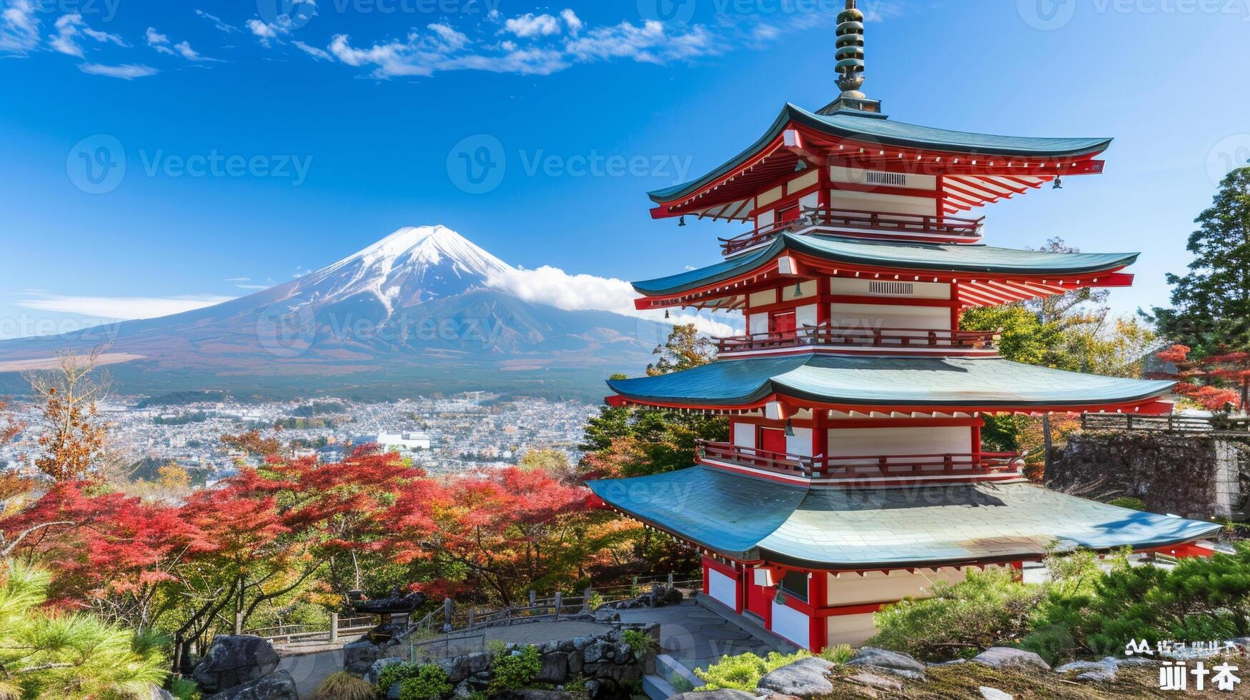 AI generated Mtfuji  tallest volcano in tokyo, japan with snow capped peak and autumn red trees nature landscape photo