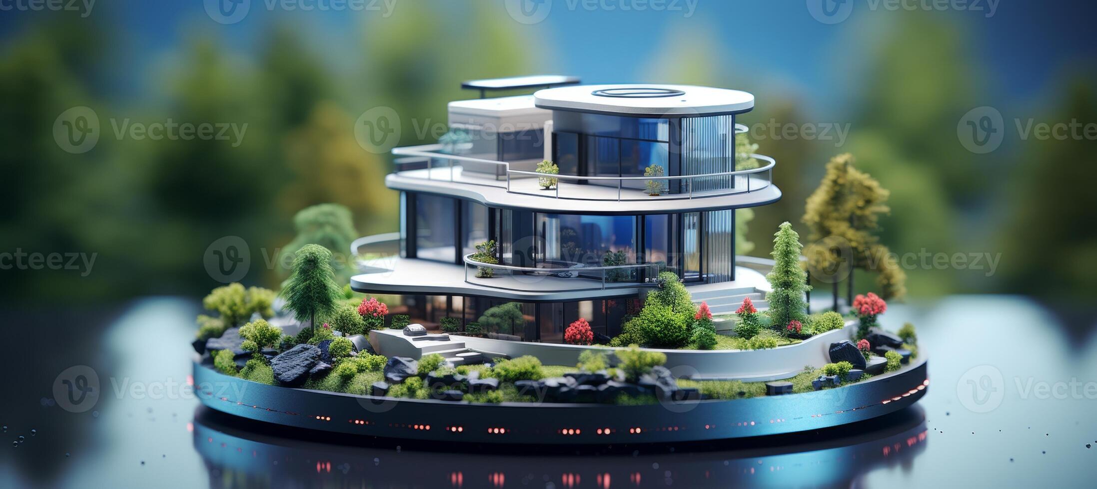 AI generated Futuristic smart home with solar panels for renewable energy concepts on blurred background photo
