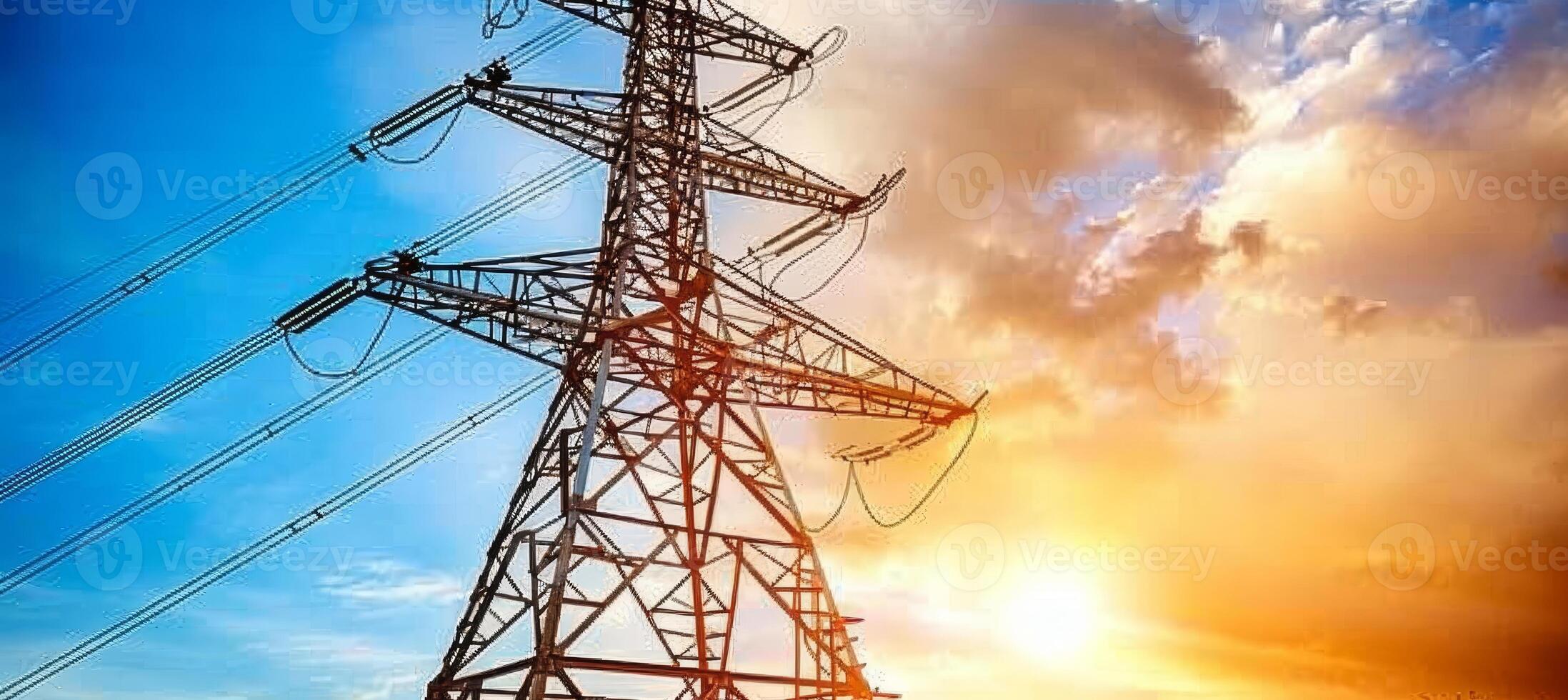 AI generated Silhouette of power lines standing out against the colorful gradient of the evening sky at sunset photo