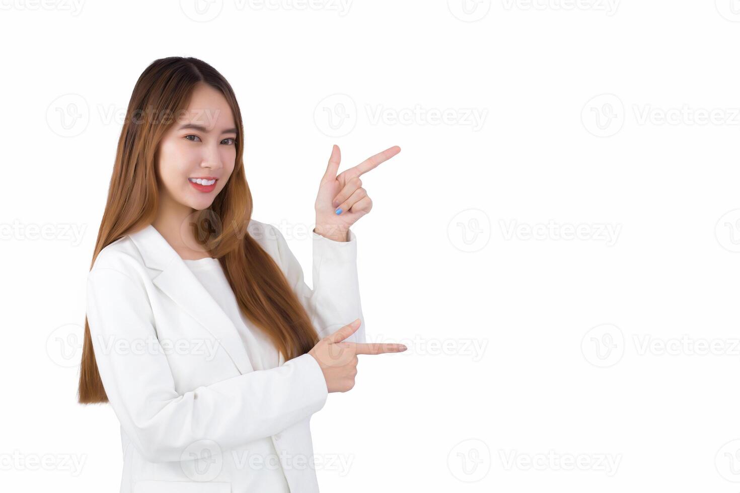 Portrait Asian professional young business woman is smiling confidently and shows her hands to present good symbol while isolated white background. photo