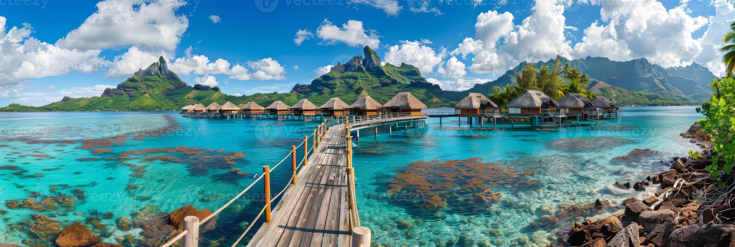 AI generated Scenic wooden walkway over turquoise ocean to overwater bungalows at tropical resort photo