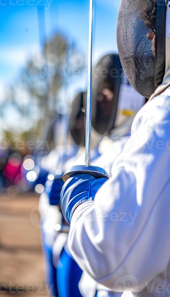AI generated Fencers  foil and saber blades in action, highlighting precision and skill with copy space. photo
