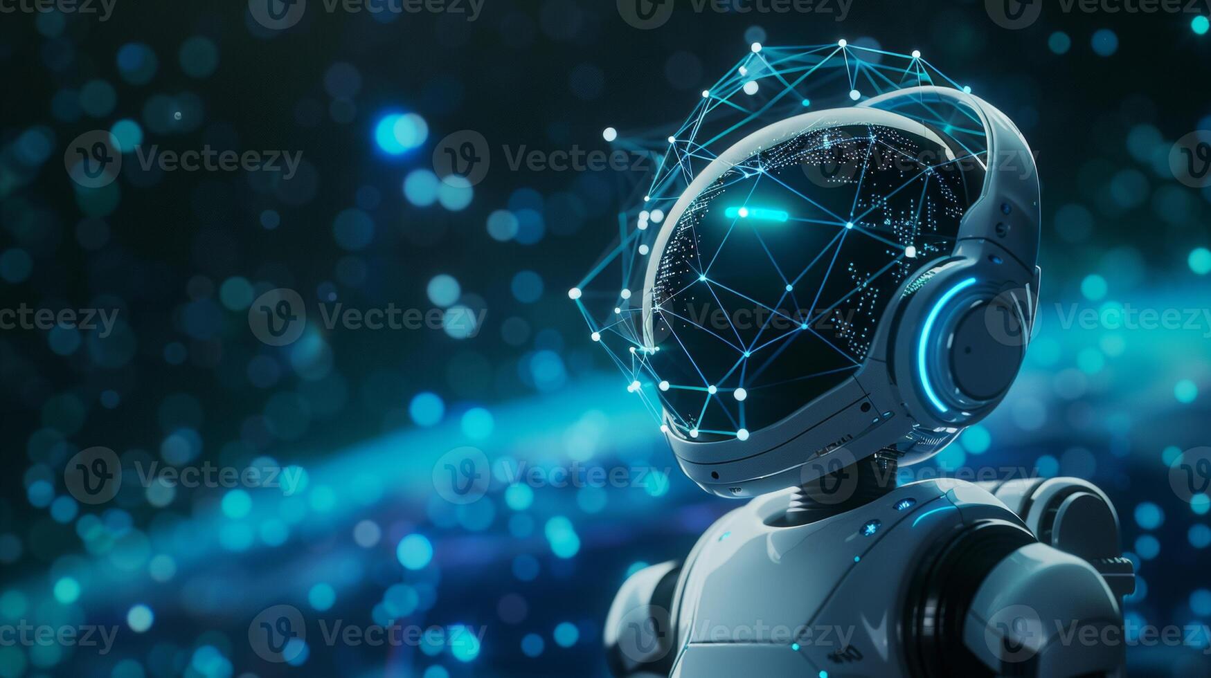 AI generated Futuristic white robot interacting with floating digital network connections in 3d rendering photo