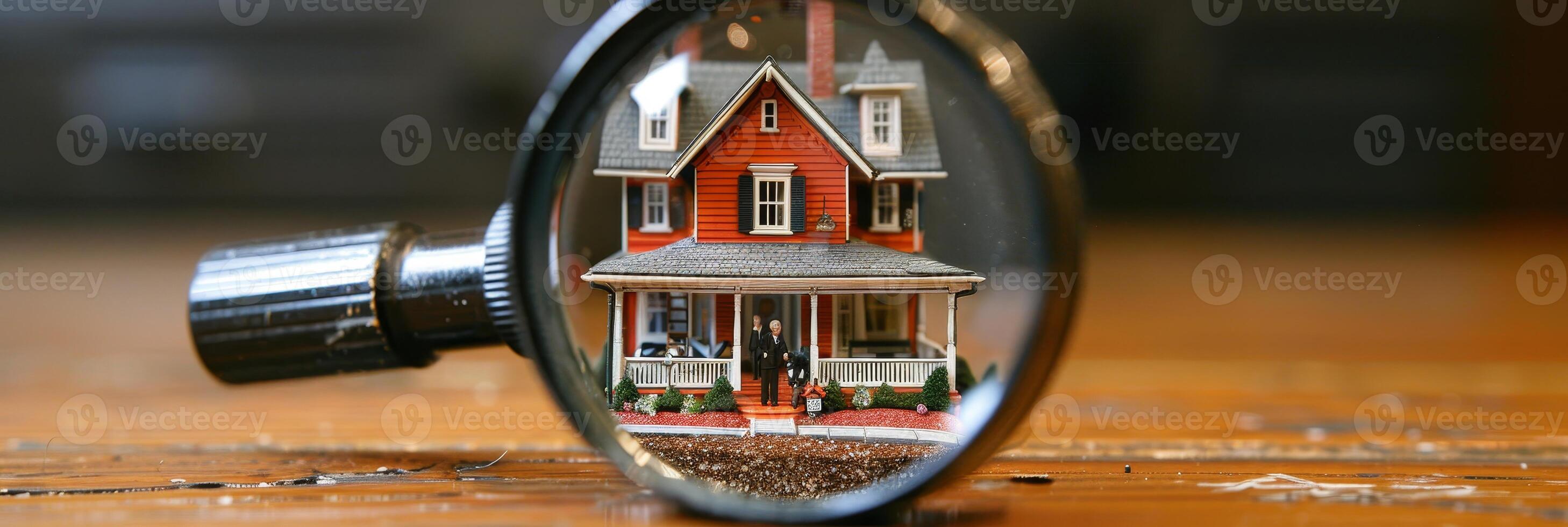 AI generated Real estate exploration  house model revealed through detailed examination with a magnifying glass photo