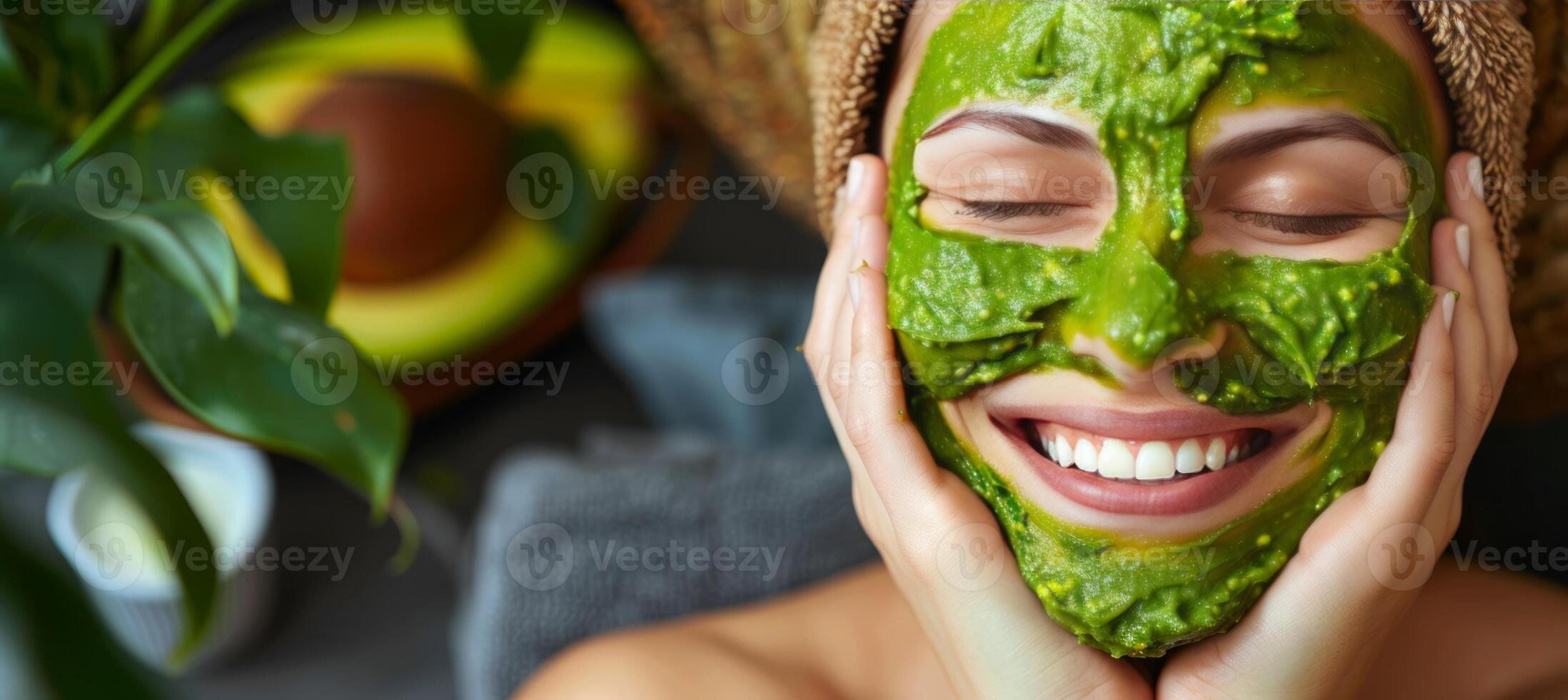 AI generated Woman applying face mask in bathroom mirror for skincare, isolated on white with space for text. photo