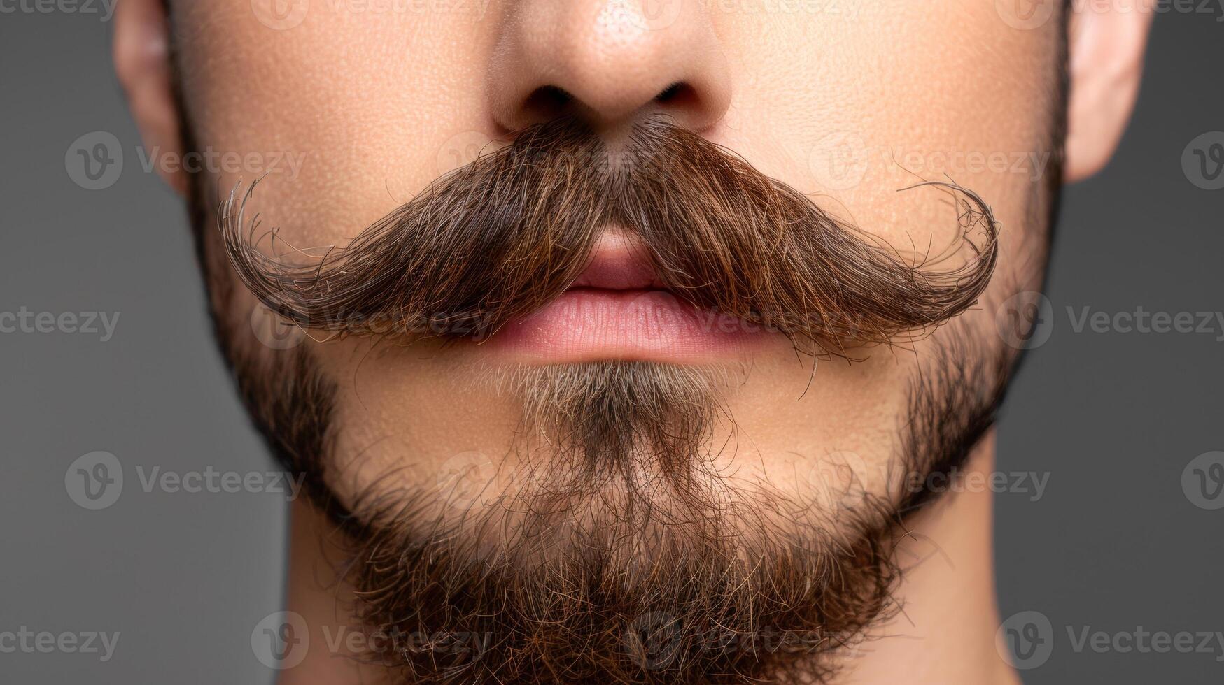 AI generated Close up portrait showcasing man s stylish mustache and beard with emphasis on contemporary grooming photo