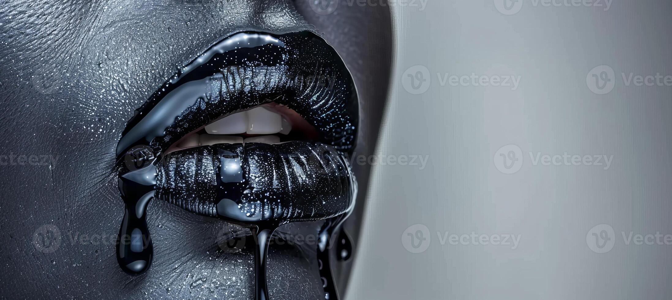 AI generated Black paint drips on model s face and nails with glossy lips and metallic skin makeup photo