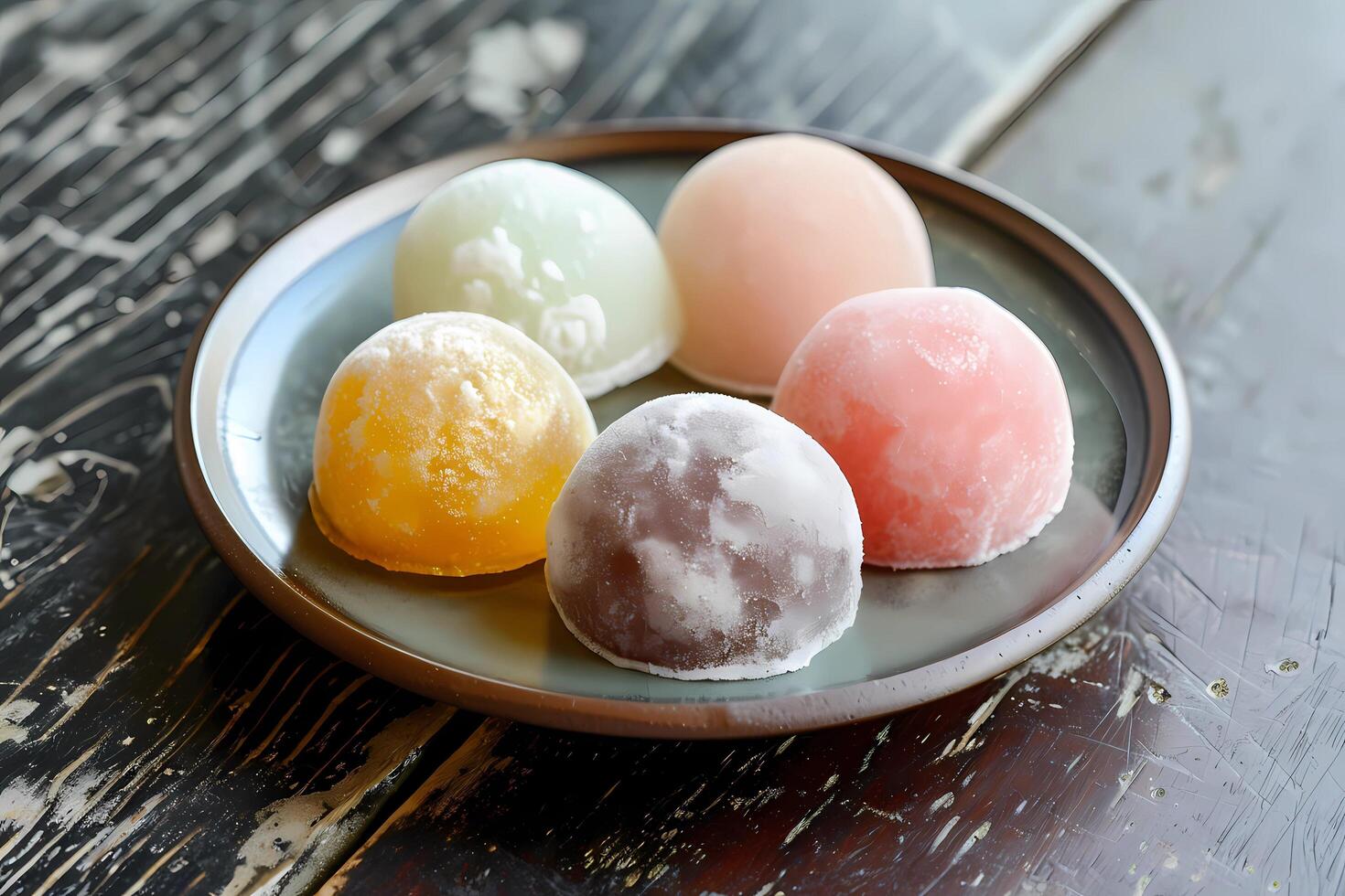 ai generado mochi - originalmente desde Japón, mochi es un correoso arroz pastel hecho desde golpeado glutinoso arroz. eso a menudo viene con varios empastes me gusta rojo frijol pegar o hielo crema foto