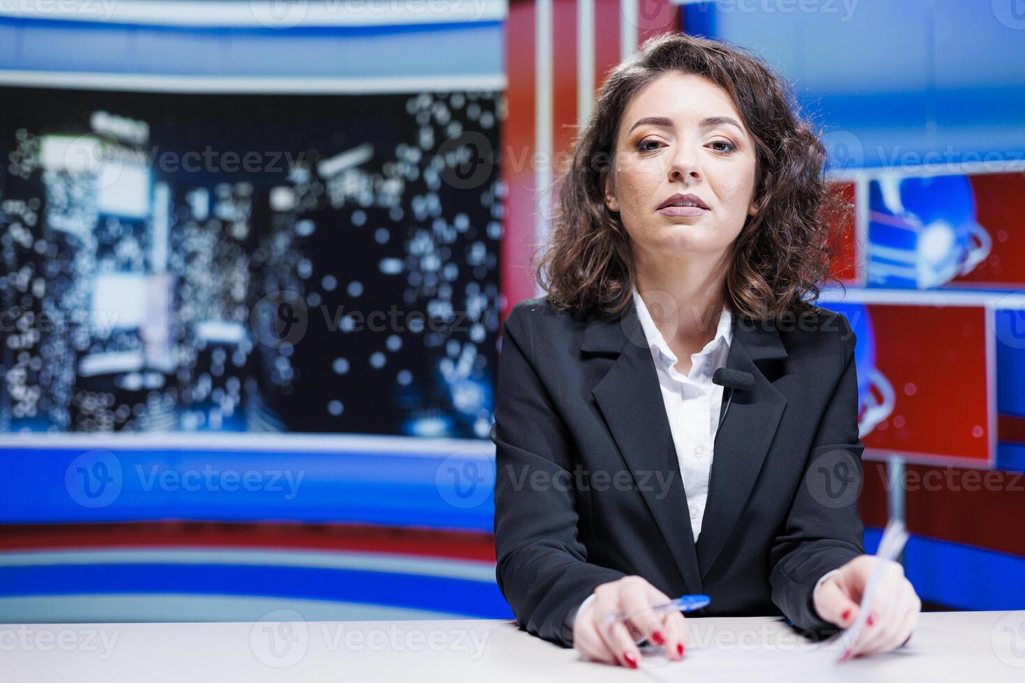Anchorwoman presenting latest news from media outlets, reading headlines live in studio. Broadcaster transmitting information on international television program, create tv content. photo