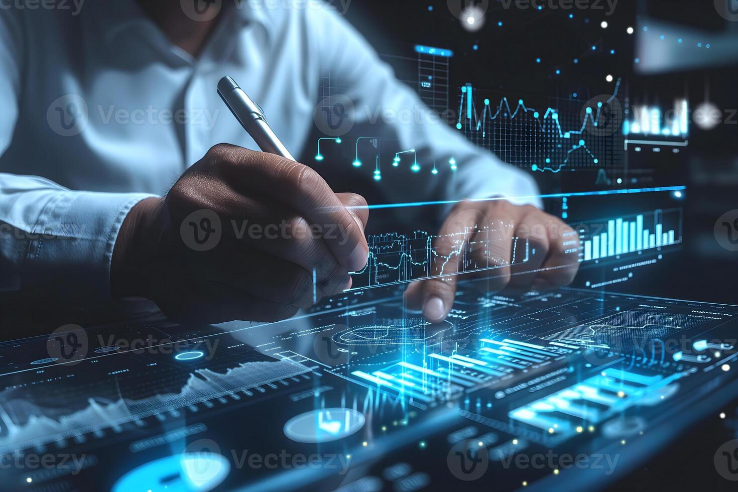 AI Generated businessman sketching a growing virtual hologram of statistics, graphs, and charts. Representing the stock market and sales data analysis. Investment growth based on currency rate photo