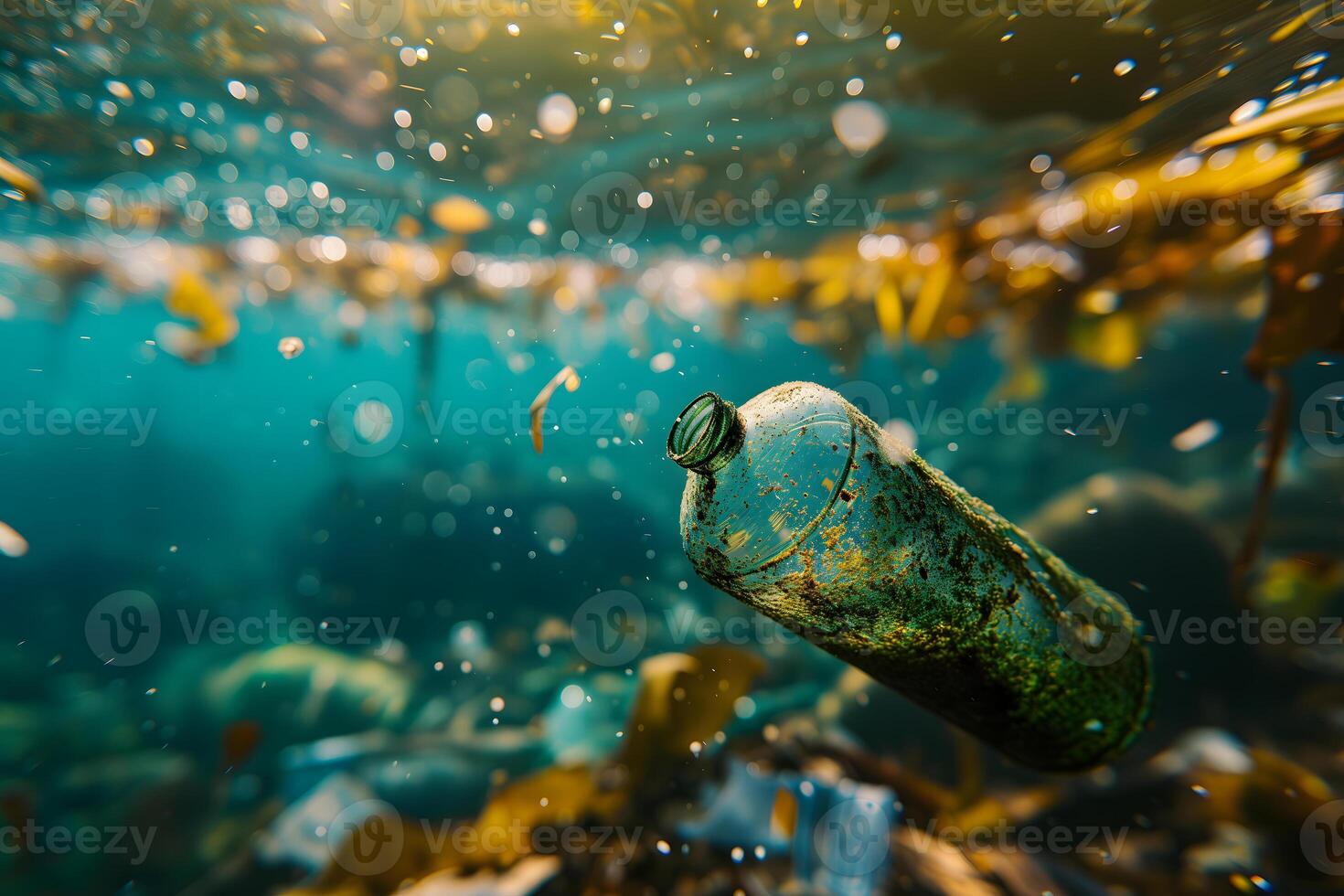 AI Generated Plastic pollution in the ocean, garbage floating under water illuminated with sunlight. photo