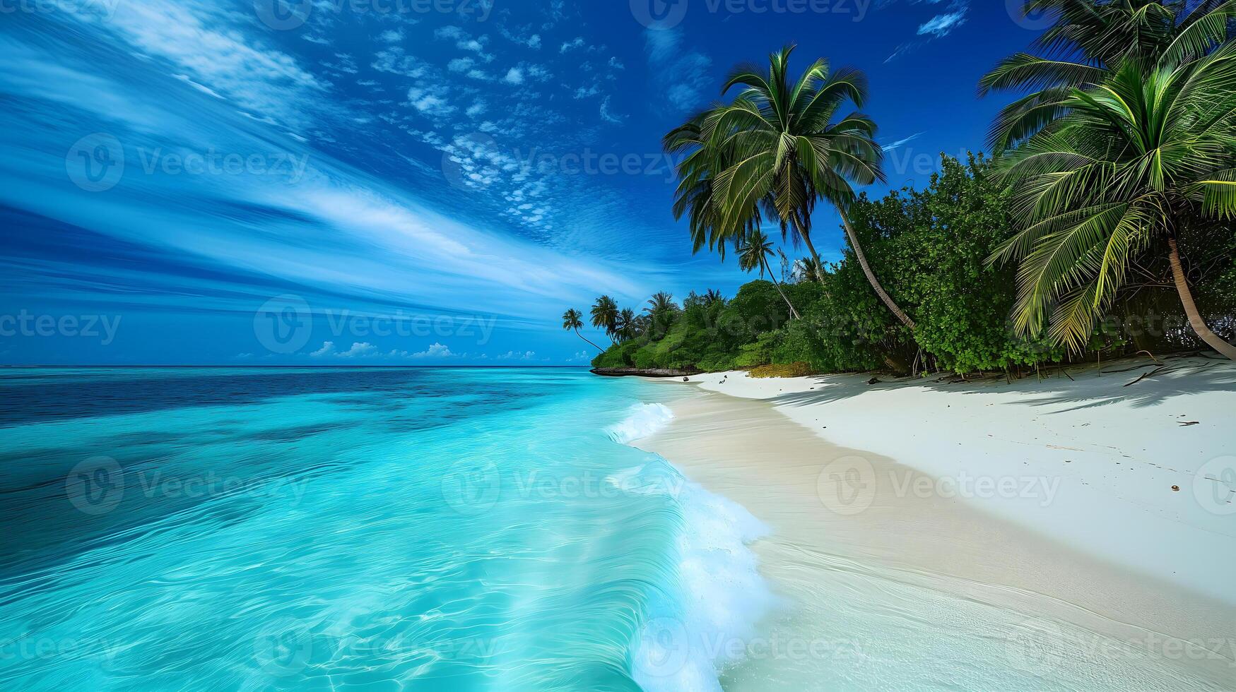 AI Generated tropical beach view at sunny day with white sand, turquoise water and palm tree, neural network generated image photo