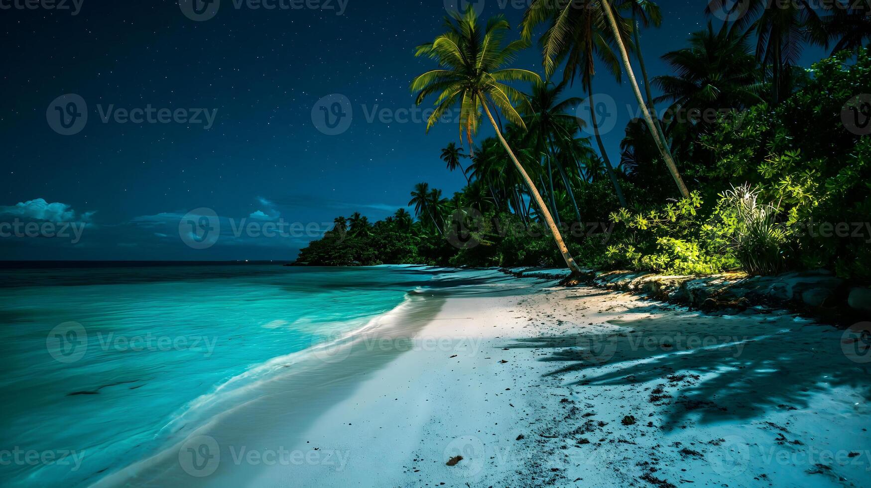 AI Generated tropical beach view at starry night with white sand, turquoise water and palm tree, neural network generated image photo