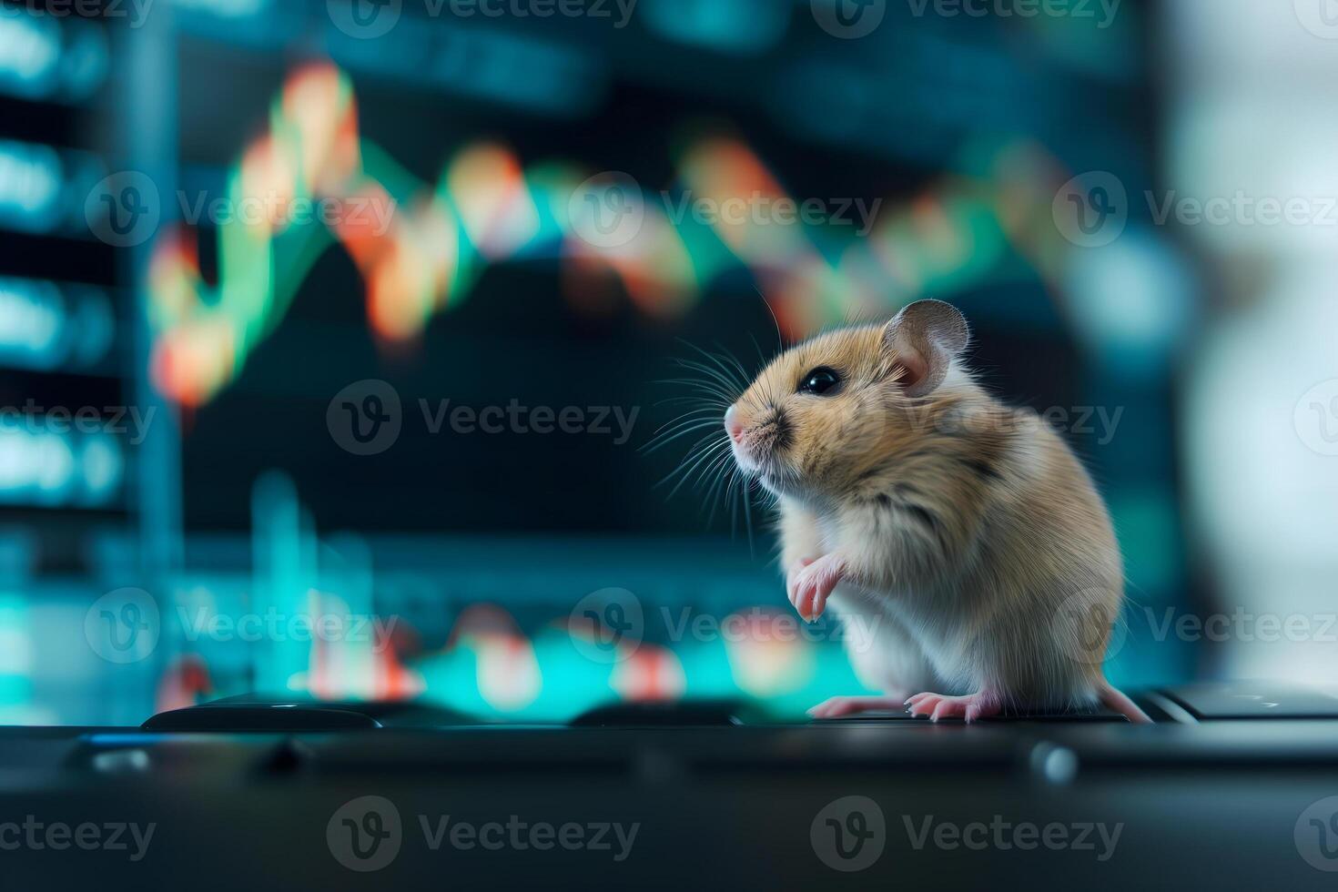 AI Generated hamster in front of blurry trading charts, novice in stock exchange and asset market concept photo