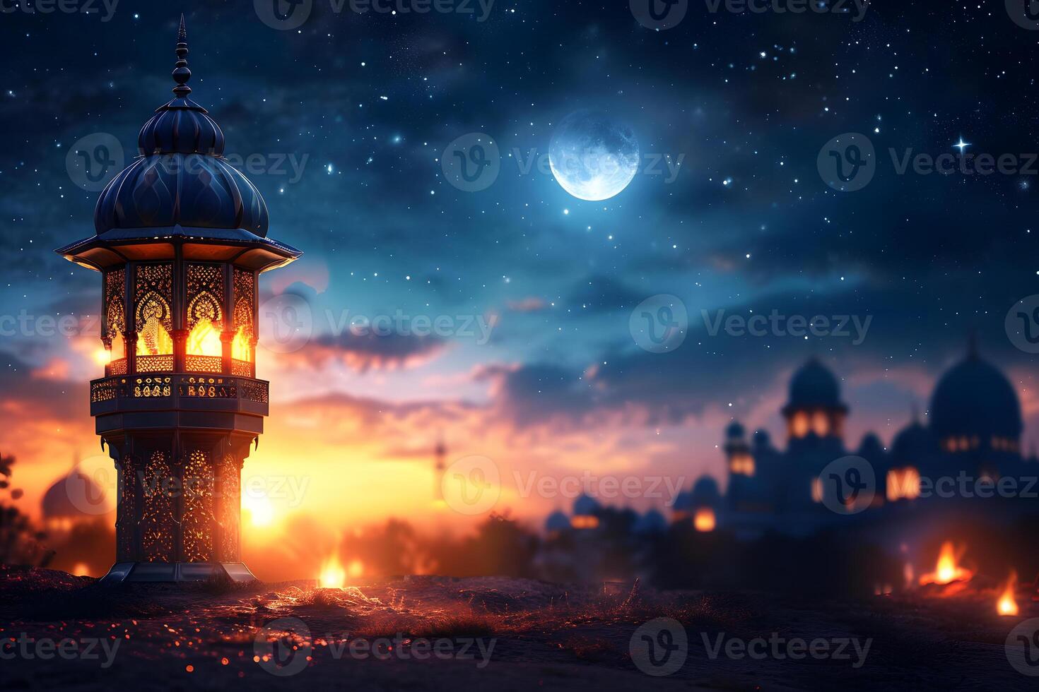 AI Generated fanous Ramadan lanterns at night with moon and mosque in the background photo