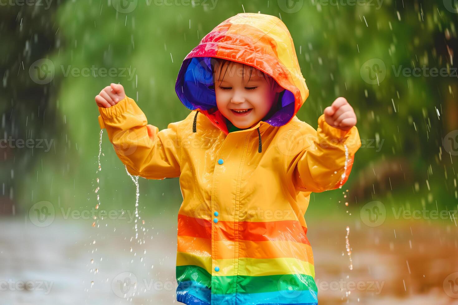 AI Generated Happy child in colorful raincoat enjoying rain. photo