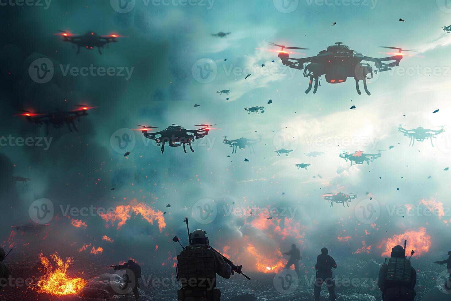 AI Generated swarm of flying drones above battlefield of last war photo