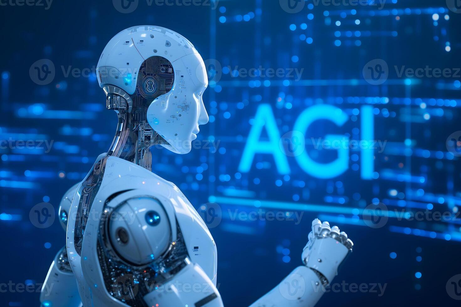 AI Generated Android head on abstract cybernetic data background with word AGI for Artificial General Intelligence photo