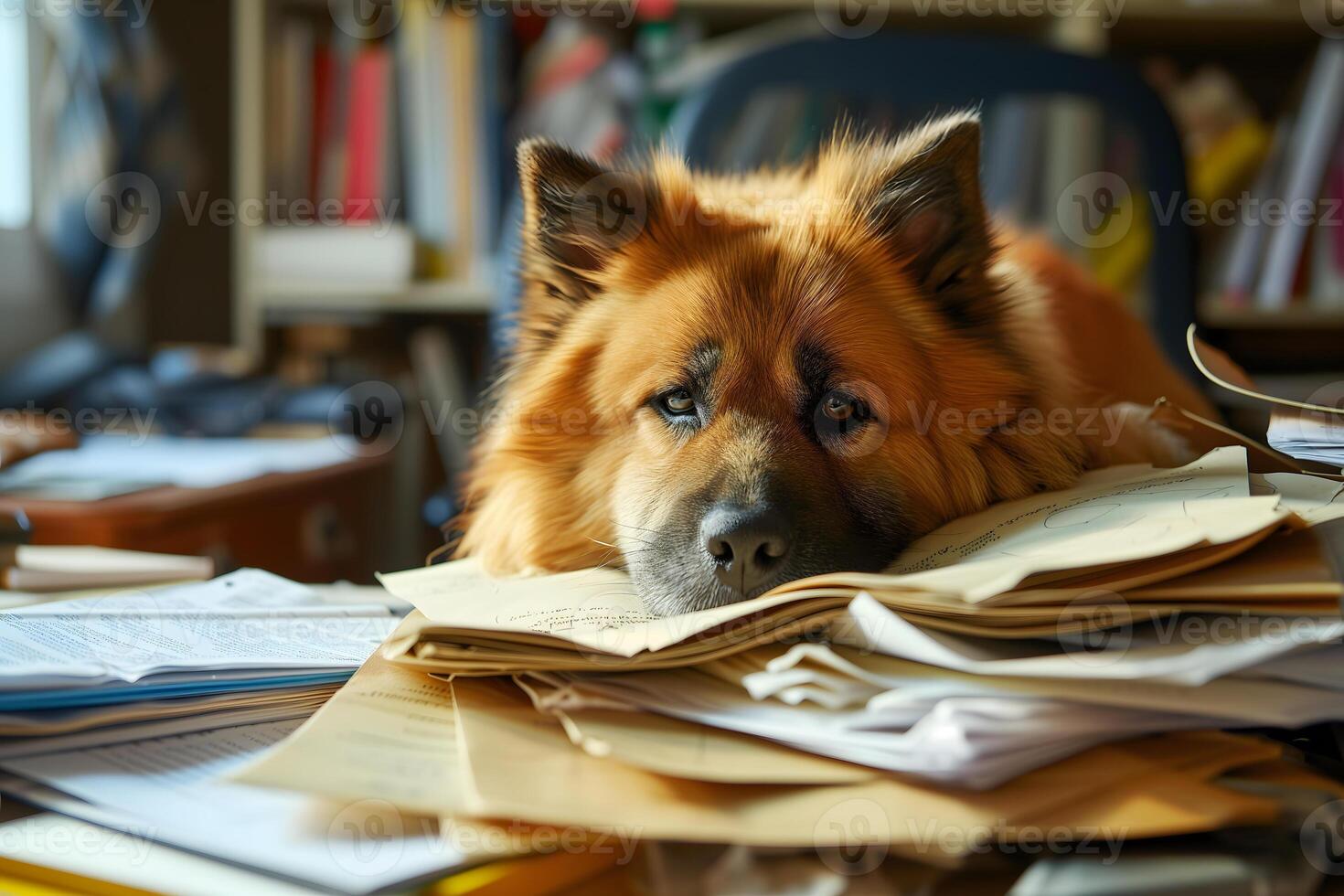 AI Generated dog in an office, overwhelmed by a mountains of paperwork photo