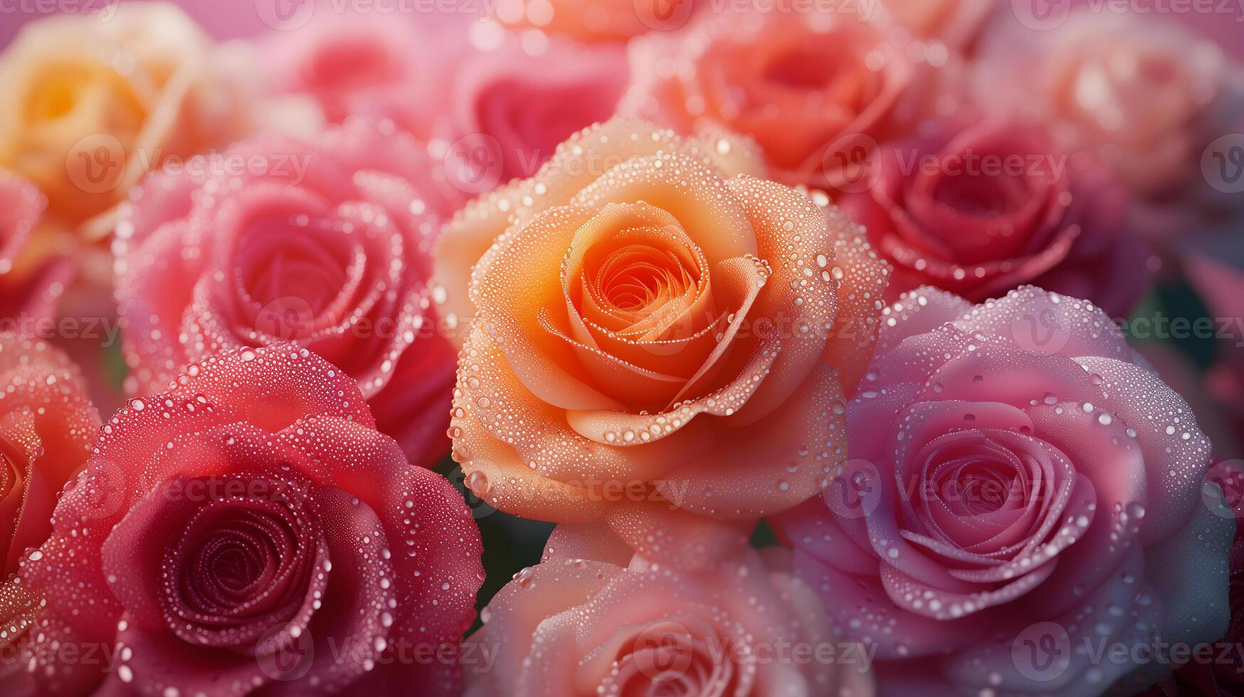 AI Generated A lush bouquet of roses with dew drops photo