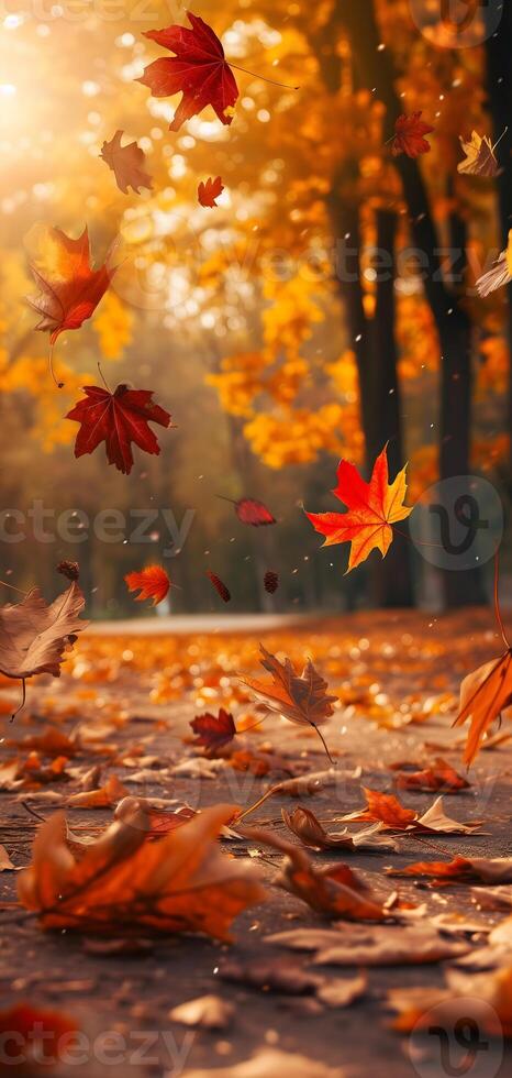 AI Generated Beautiful autumn view with colorful foliage in the park. Falling leaves background with copy space and selective focus. photo