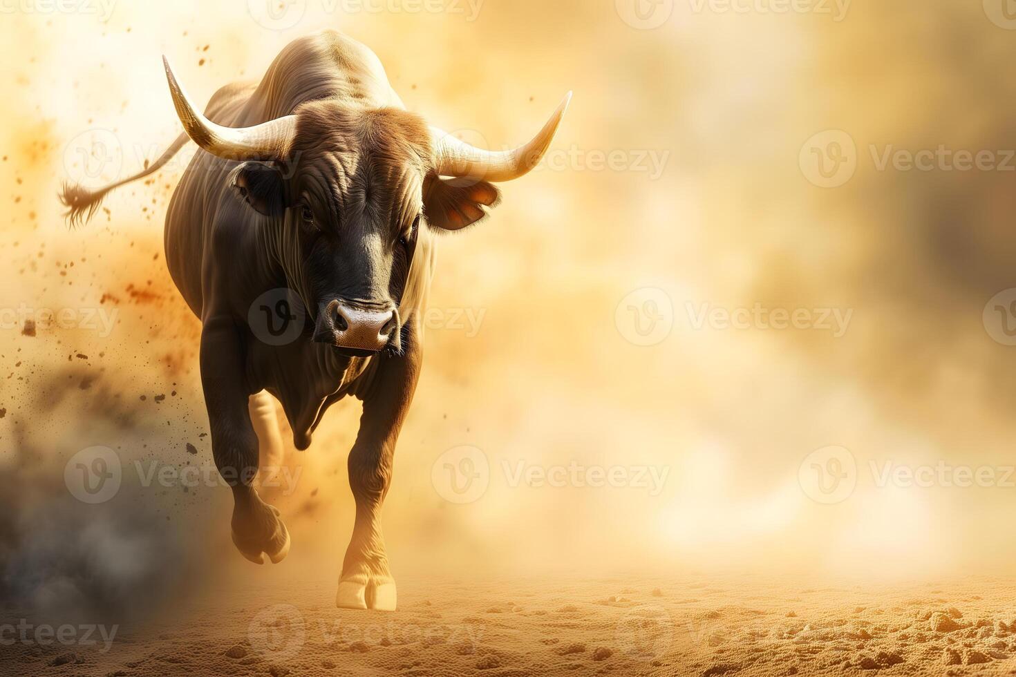 AI Generated Running bull with dust and copy space. photo
