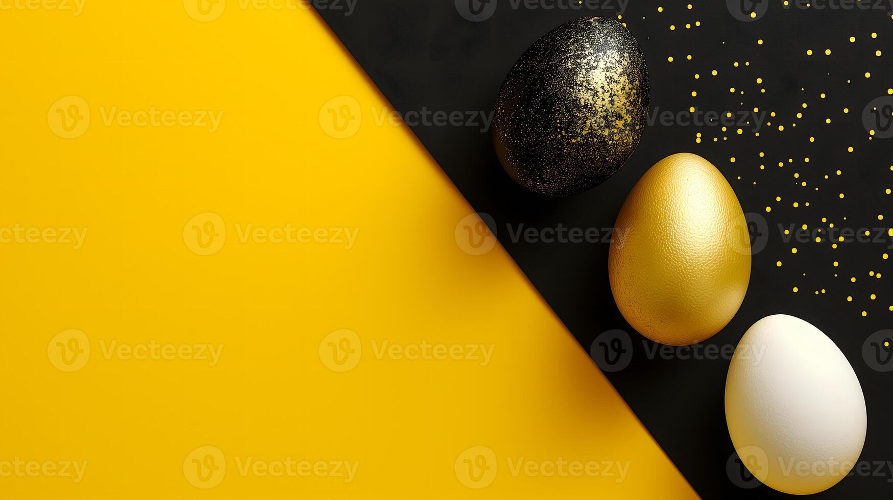AI Generated Golden, black, white Easter eggs on a yellow-black background. geometry. Minimal concept. View from above. photo