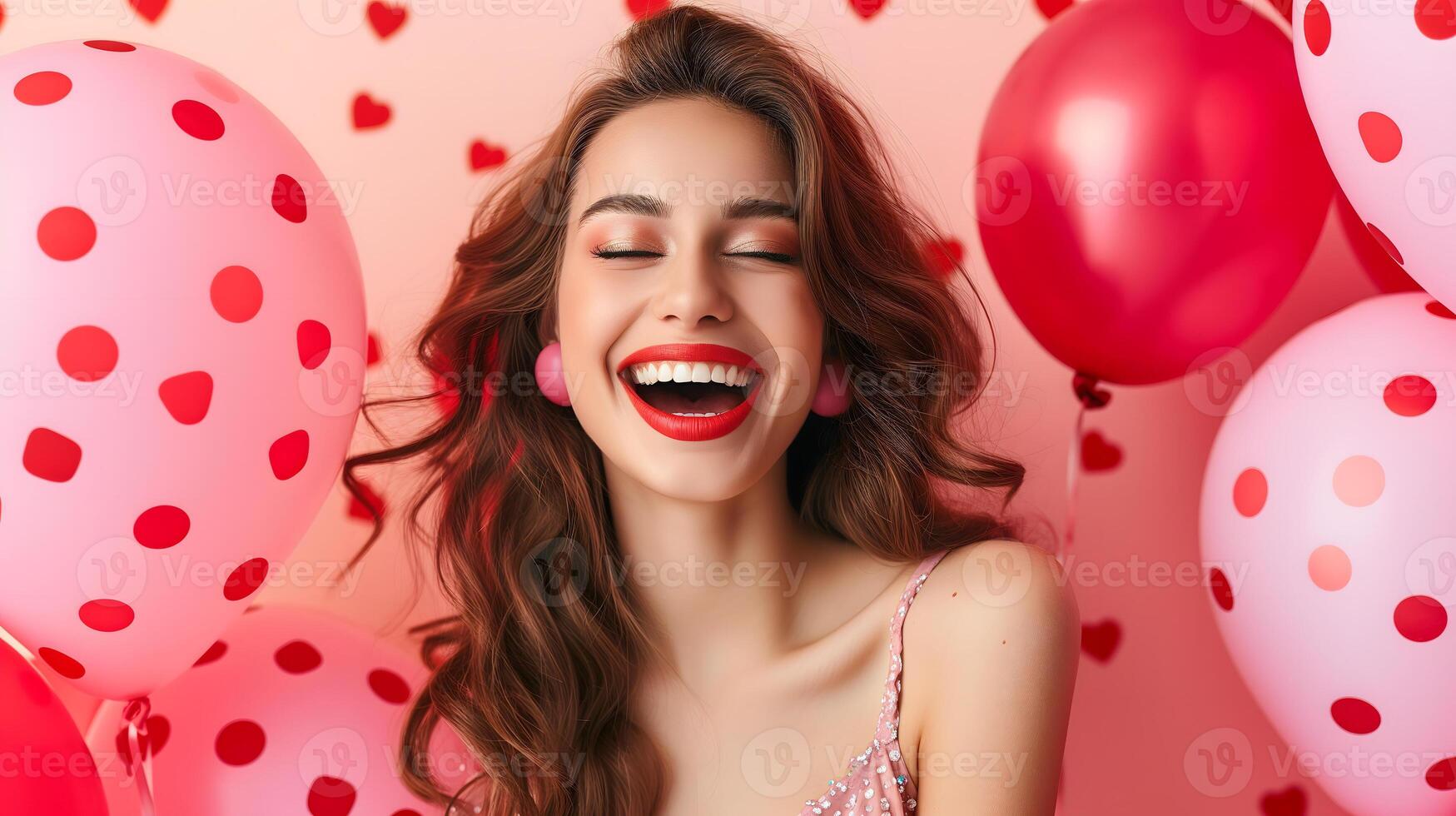 AI Generated Young adult woman with red and pink air balloons laughing, on pink polka dots background. Happy holiday party. Joyful beauty having fun, celebrating Valentine's Day. photo