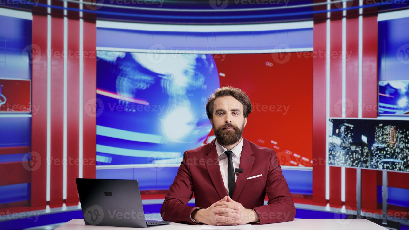 Newscaster broadcasting daily news live on tv program, discussing about latest events in news studio. Entertainment journalists addresses media topics on international television, tv network. photo