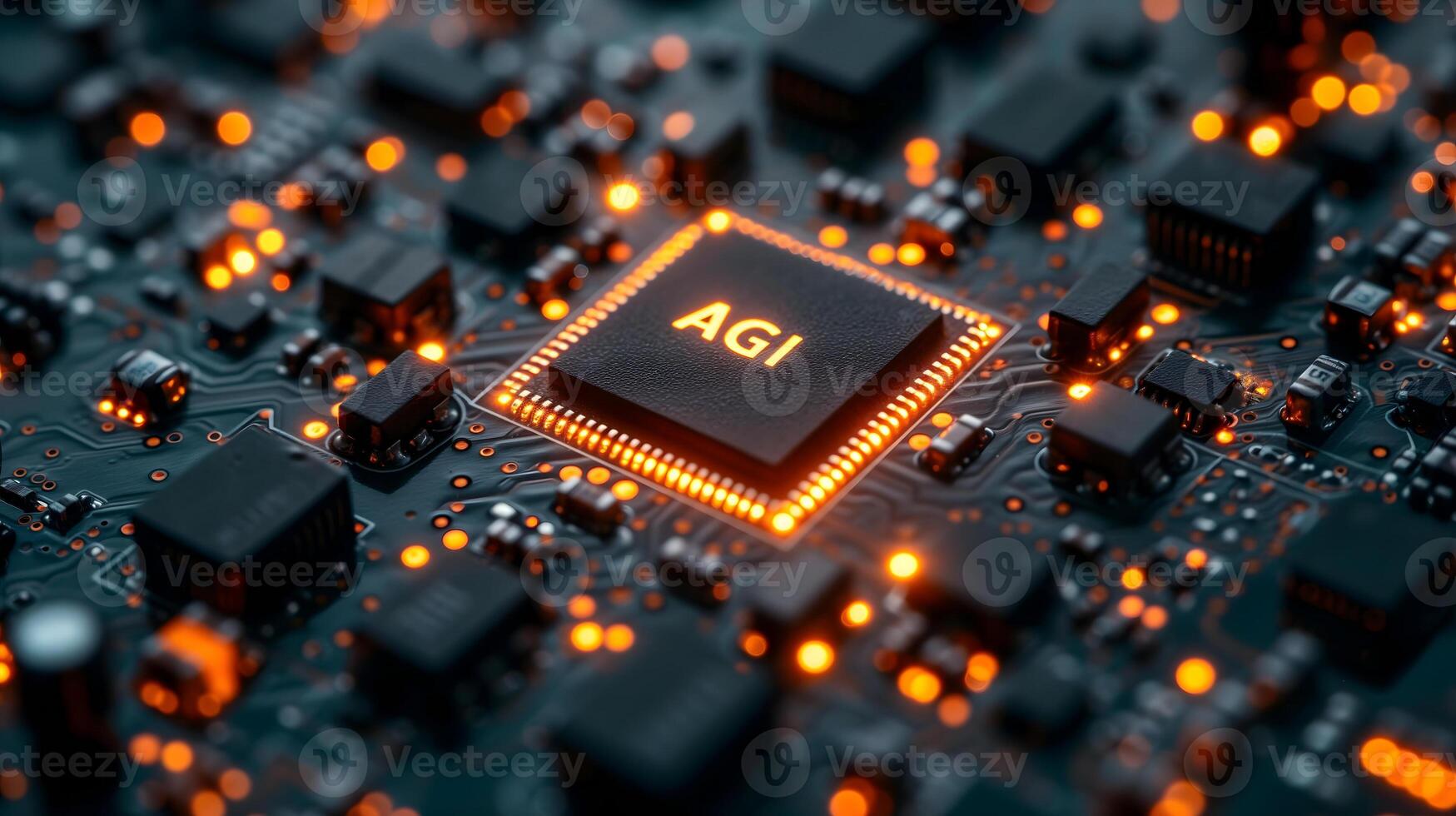 AI Generated AGI - artificial general intelligence - microchip on black circuit board with orange glow photo