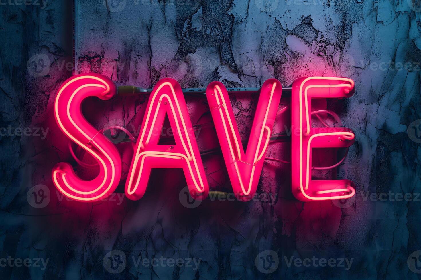 AI Generated Neon word SAVE on dark shabby wall photo