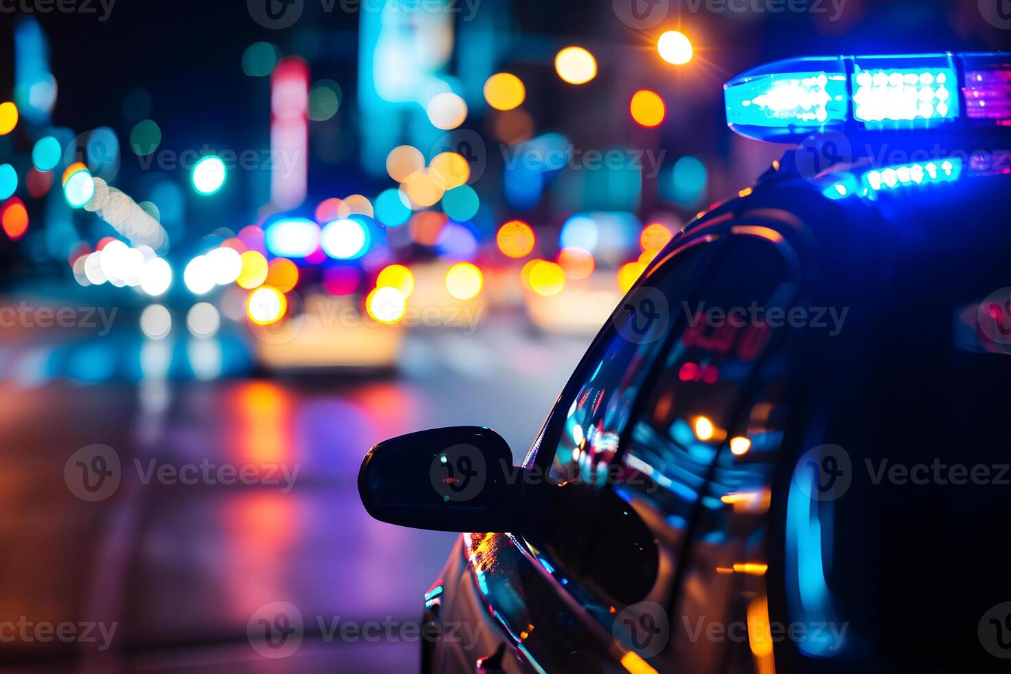 AI Generated police car lights at night in city street with selective focus and bokeh photo