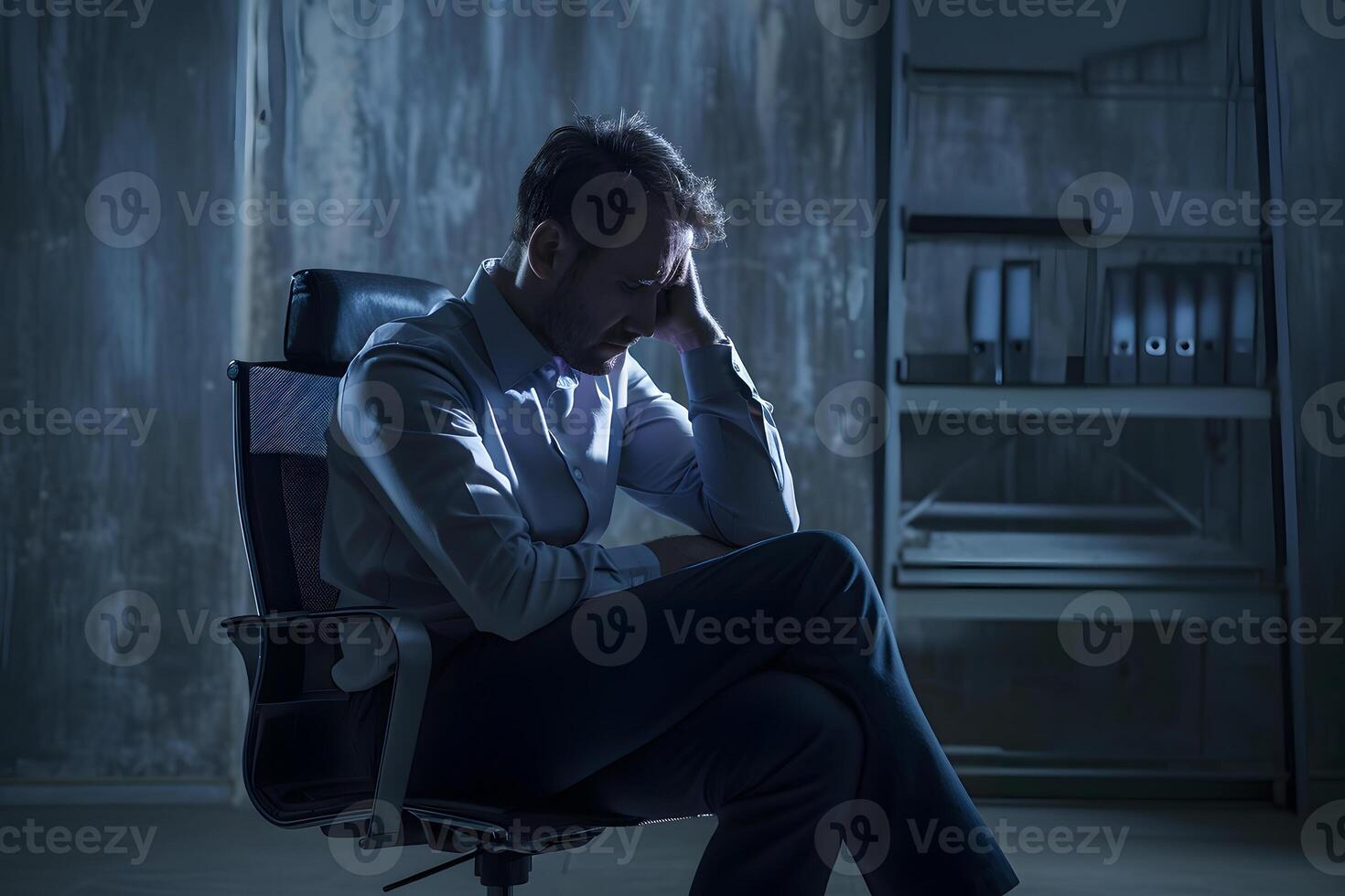 AI Generated Businessman seated in his chair in frustration and stress photo