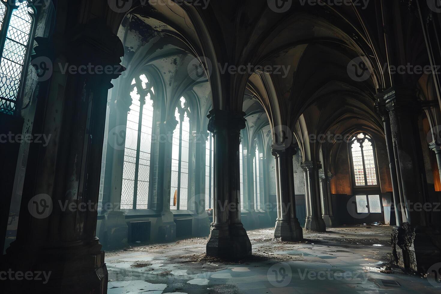 AI Generated Dark gothic abandoned ancient chapel hall interior with tall windows and columns, foggy and empty. photo