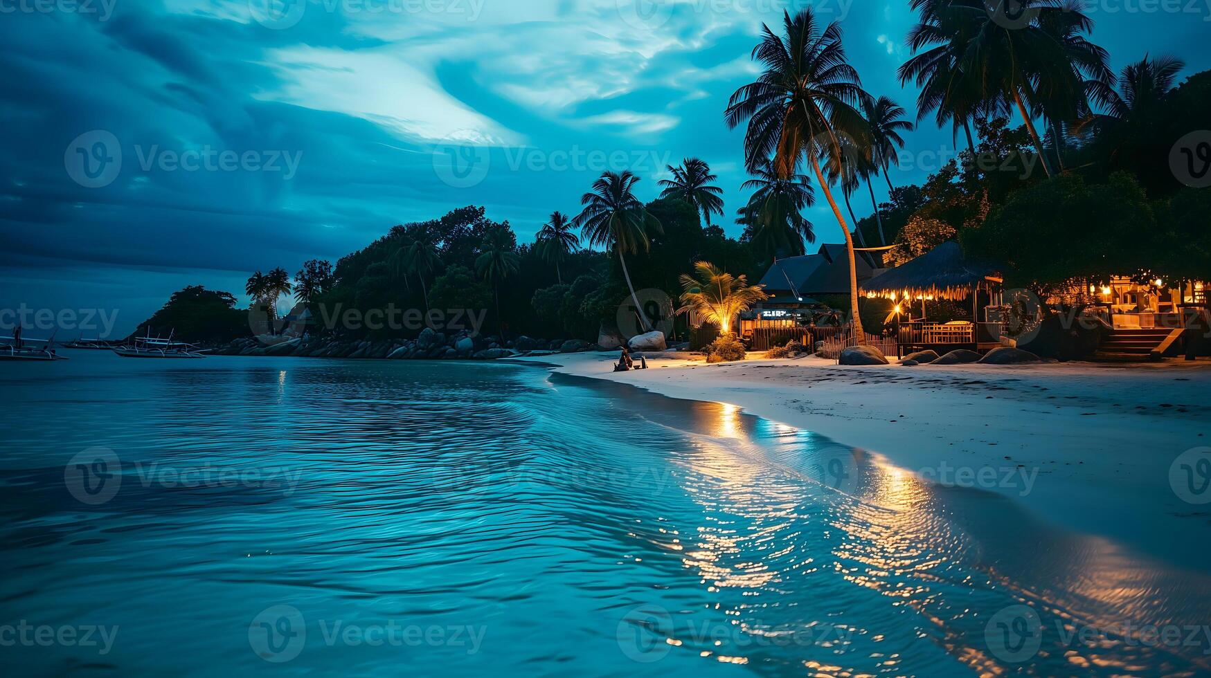 AI Generated tropical beach view at cloudy stormy night with white sand, turquoise water and palm trees, neural network generated image photo
