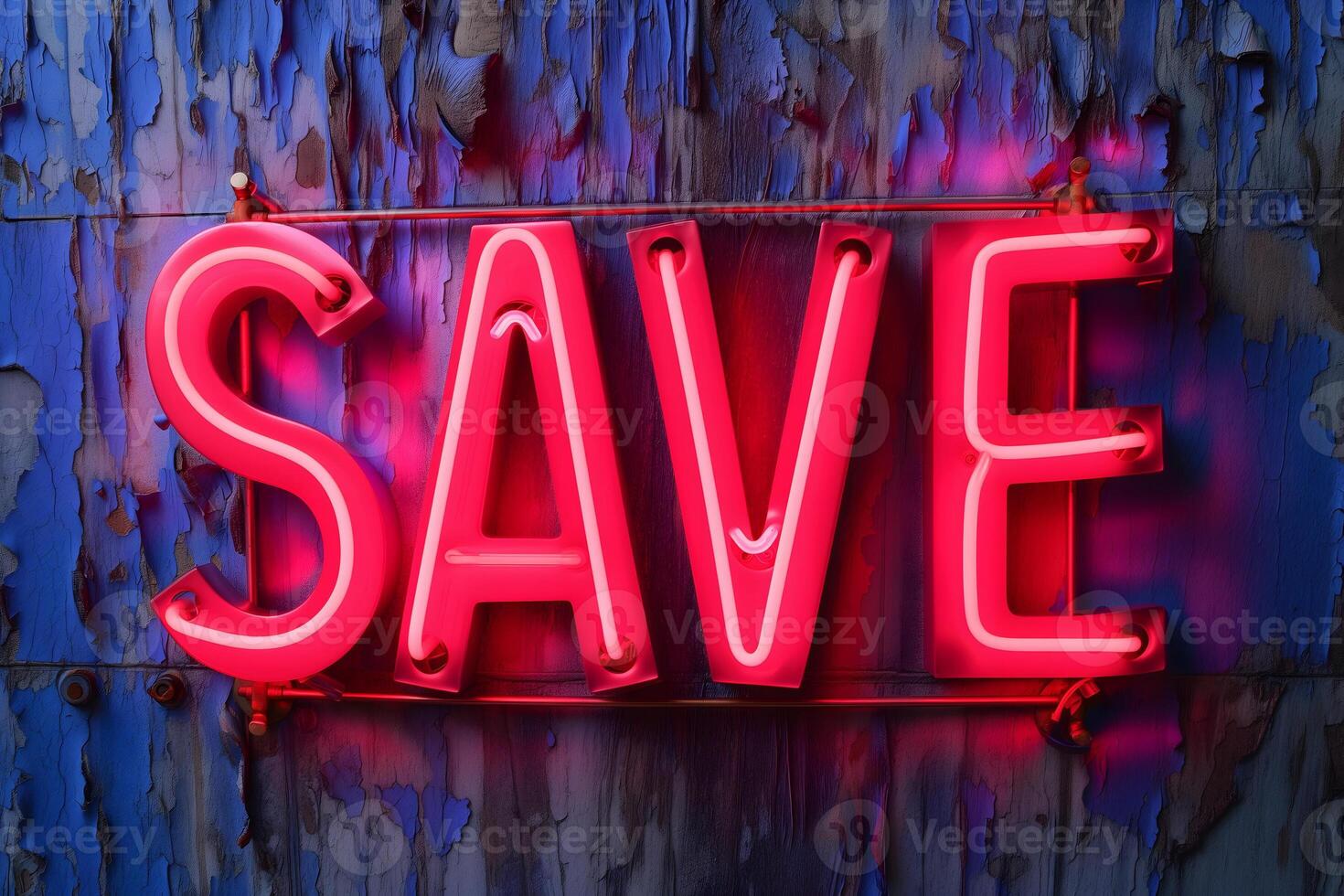 AI Generated Neon word SAVE on dark shabby wall photo