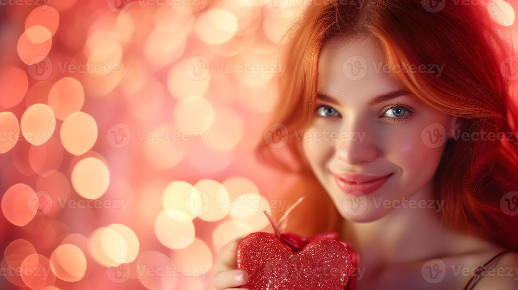 AI Generated Beautiful redhead girl with gift for Valentines Day with bokeh at background. photo