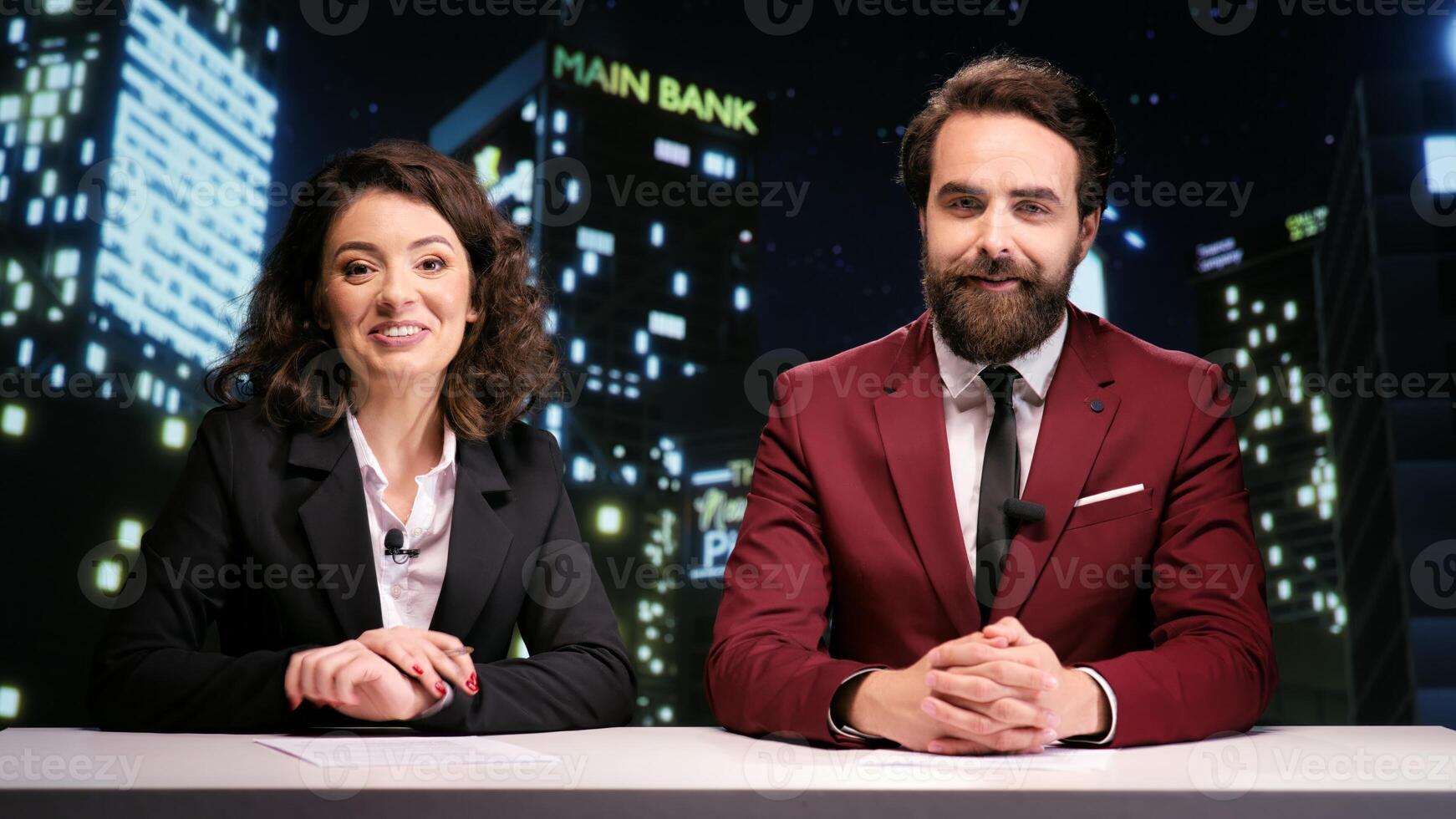 Global tv hosts doing reportage on late night show, discussing about international breaking news in newsroom. Team of presenters creating newscast for entertainment segment program. photo