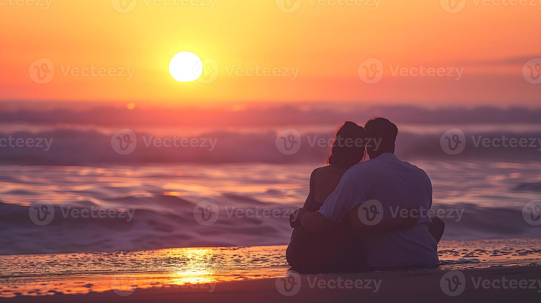 ai generado Pareja en amor acecho el puesta de sol en un playa foto