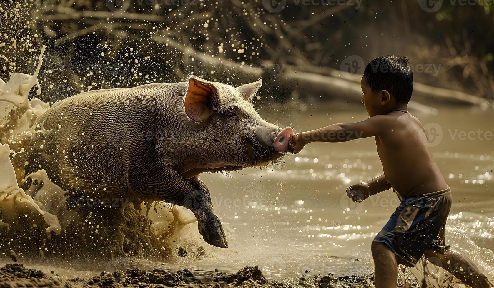 AI Generated Boy with a pig in a dirt. Never wrestle with a pig because you will both get dirty and the pig likes it. photo