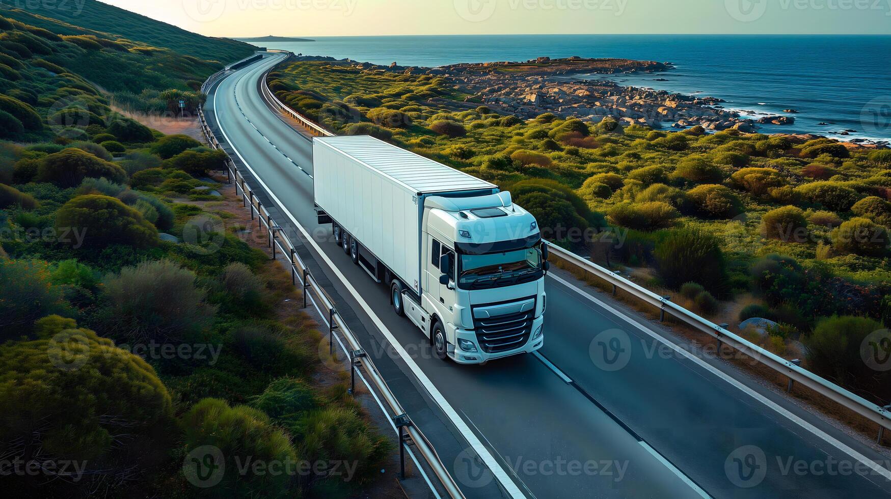 ai generado blanco europeo semi camión es visto desde el cielo en un autopista Respaldados por vegetación foto