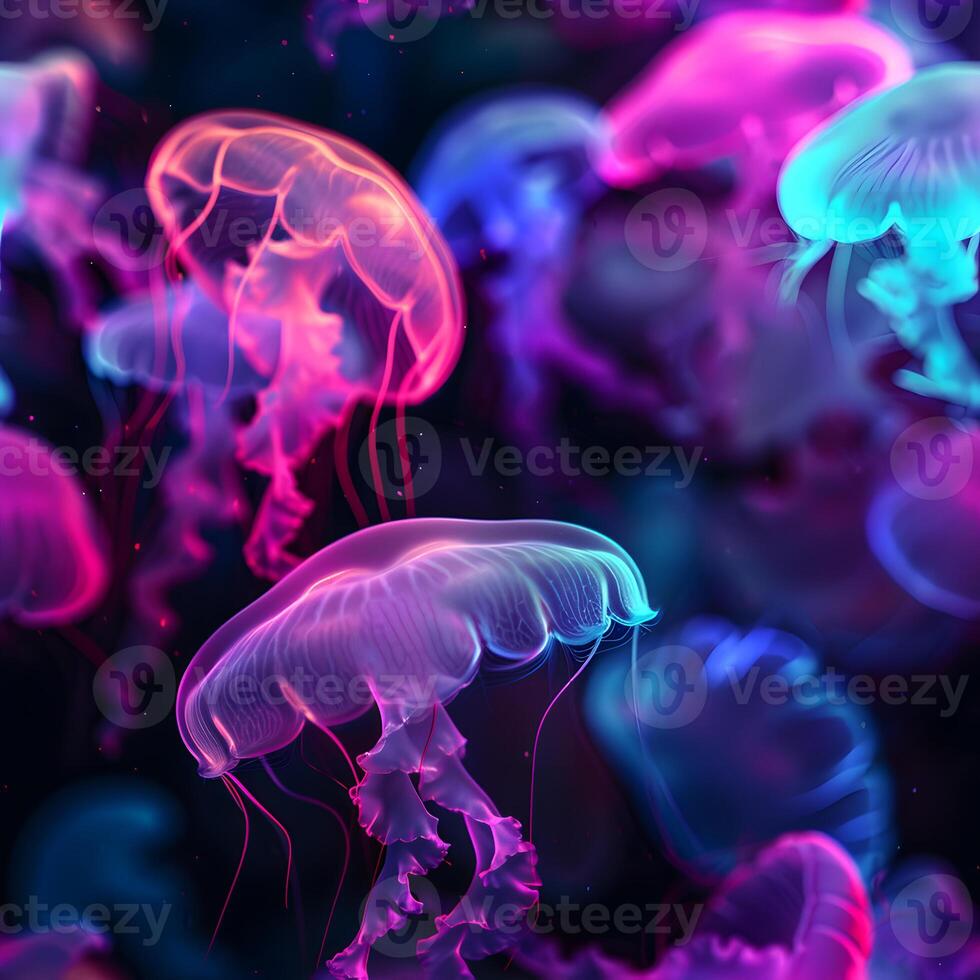 AI Generated glowing sea jellyfishes on dark background and seamless texture photo