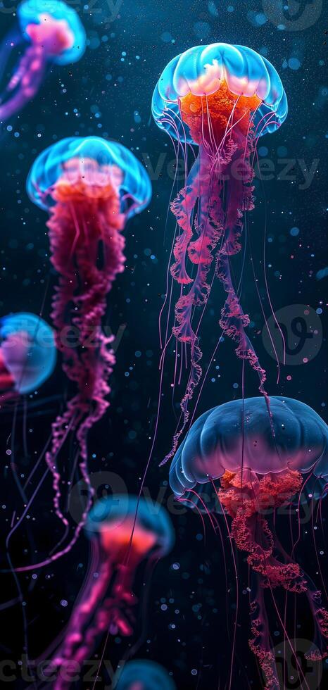 AI Generated glowing sea jellyfishes on dark background, neural network generated image photo