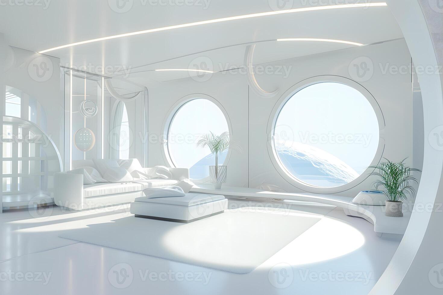 AI Generated futuristic white space station style interior of living room photo