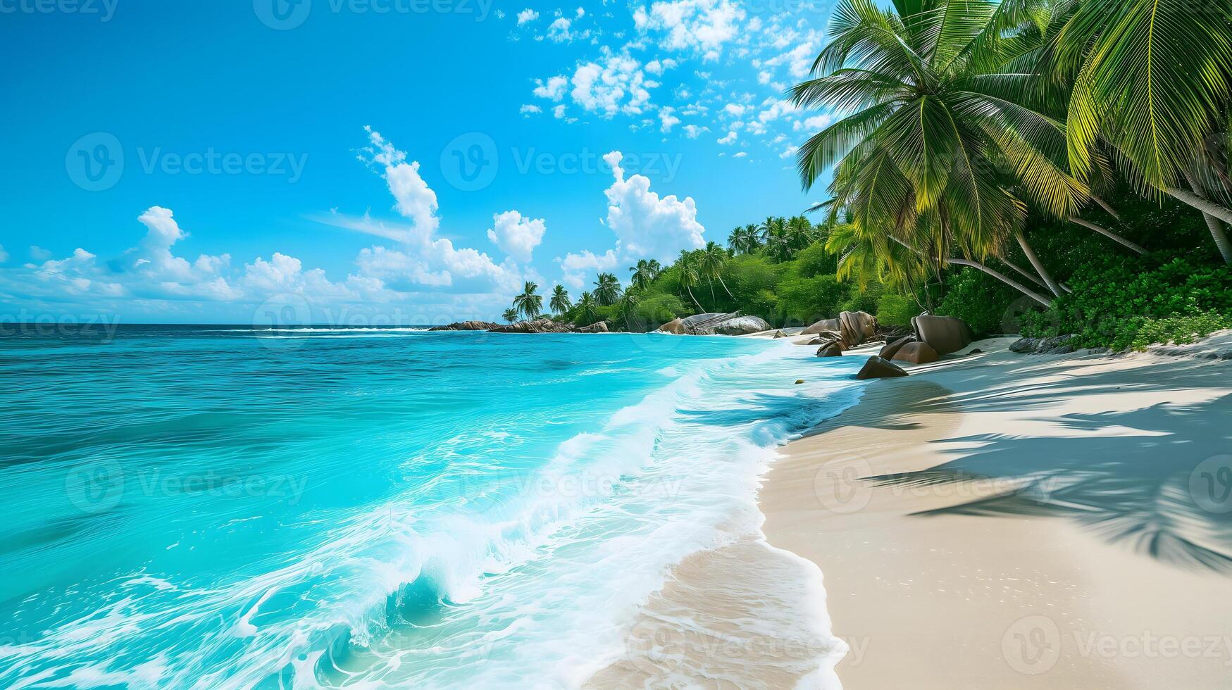 AI Generated tropical beach view at sunny day with white sand, turquoise water and palm tree, neural network generated image photo